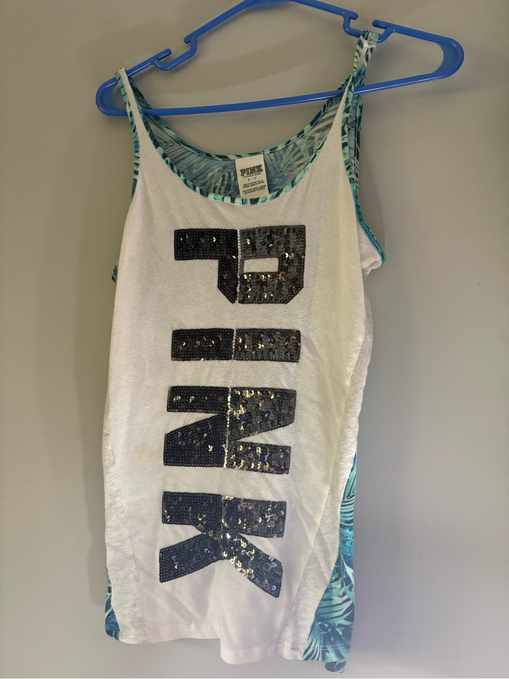 PINK Victoria's Secret White Tank with Black Sequin Logo and Teal Trim